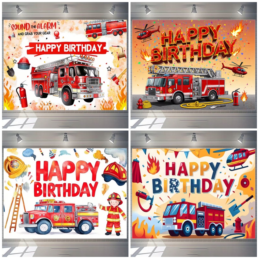 Photography Sport - Cartoon Feuerwehrauto Thema Junge Geburtstag Party