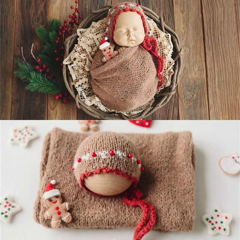 Photography Background - Neugeborenen-Fotografie-Requisiten Handgefertigte Weihnachts-Lebkuchen-Strickwickel Mütze 2-teiliges Set